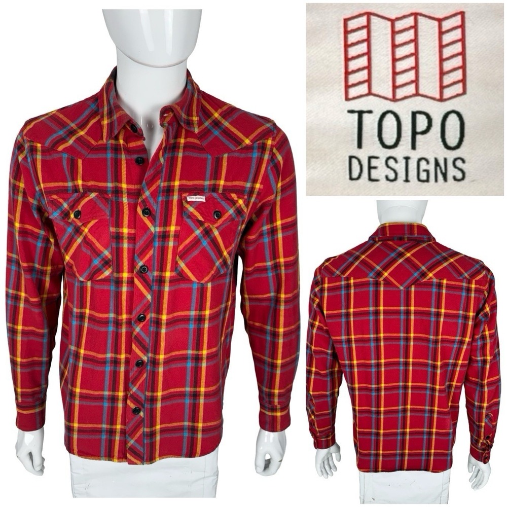 Topo Designs Mens Medium Shirt Plaid Flannel Hiking Outdoors Organic Cotton Red
